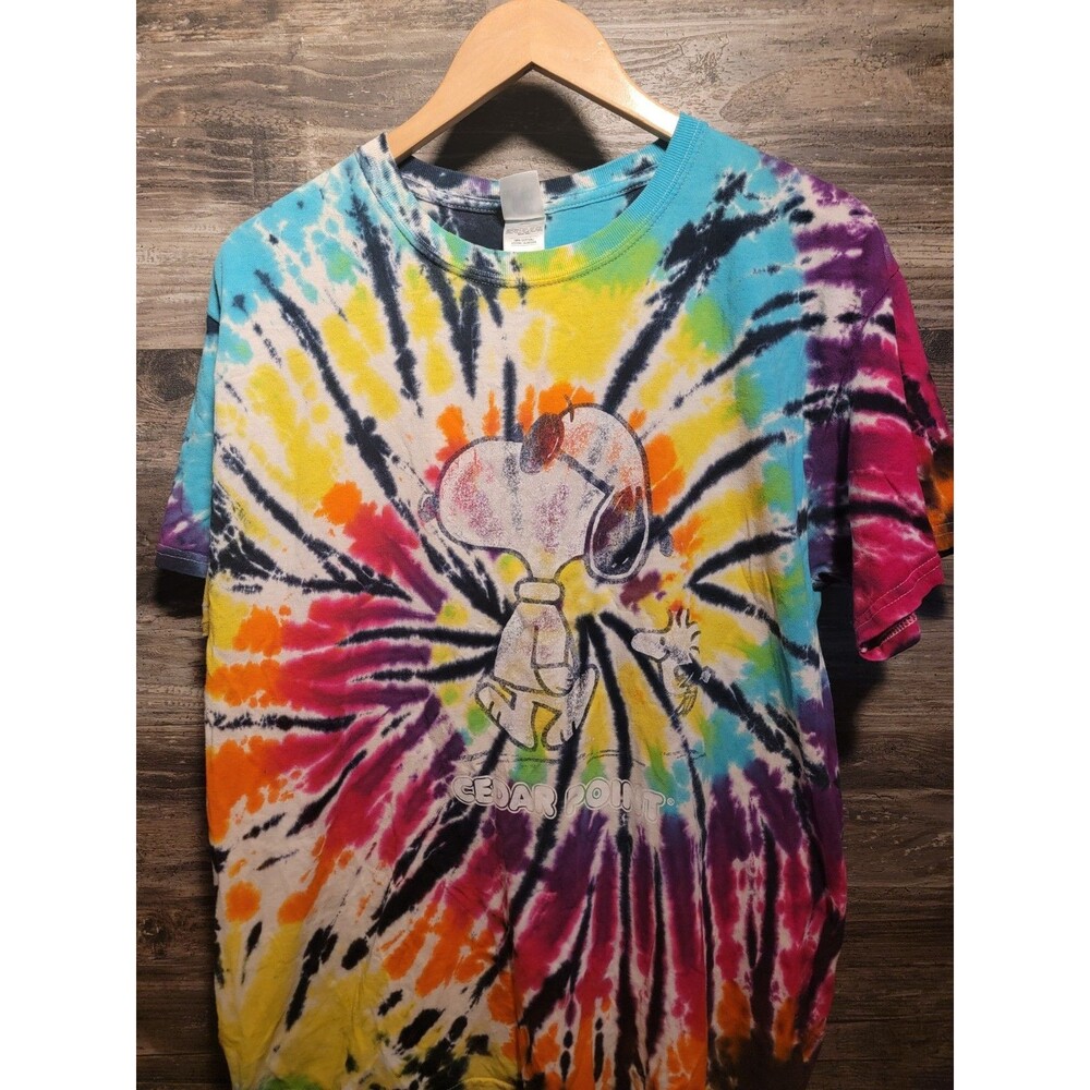 Cedar Point T-Shirt Y2K Snoopy Woodstock Tie Dye Vintage Sz L Color Tone
